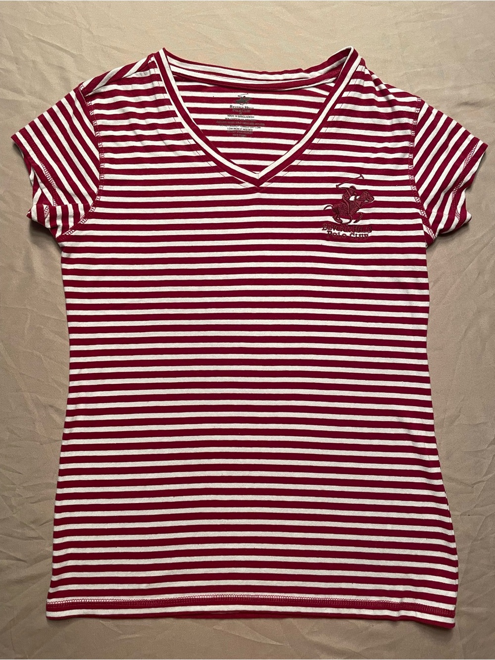 Beverly Hills Polo Club Burgundy and White Striped V-Neck Tee